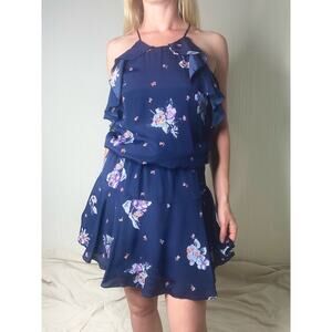KARINA GRIMALDI "Angelina" Silk Blend Navy Floral Halter Dress US SMALL NWT